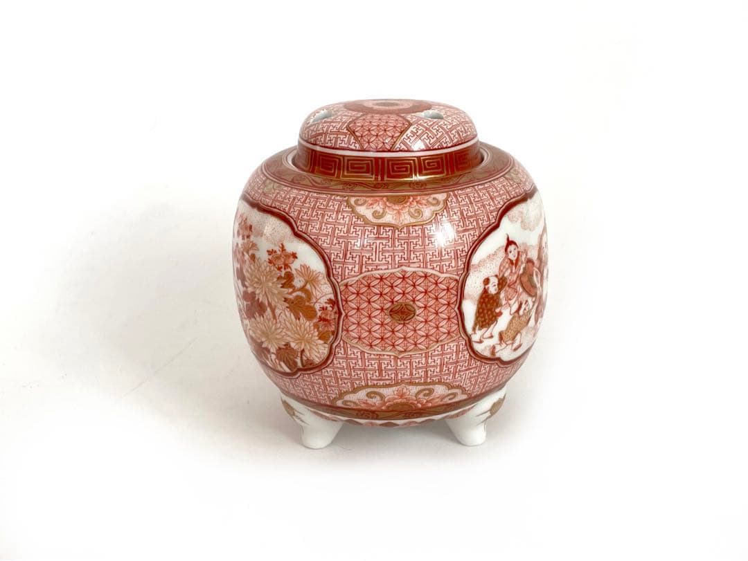 陶芸家　福島武山　九谷焼　細密赤絵　三つ足　香炉　香爐　鳳凰　菊　大黒　箱なし