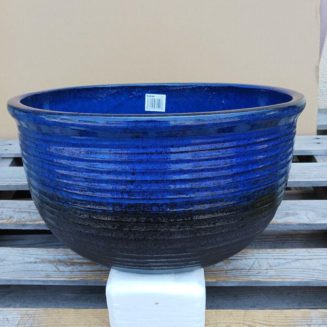 新品　∅50　特大　陶器　睡蓮鉢　手造り　メダカ鉢　難有　ラピスブルー　青LDB