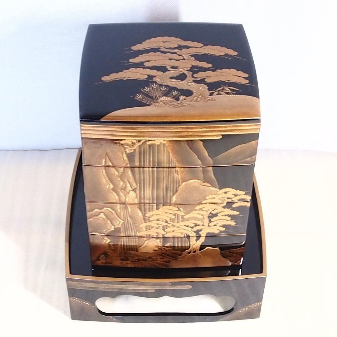 【最高級・極美品】輪島塗 漆芸/堀忠 山水蒔絵 四段重箱 台付き お重/弁当箱