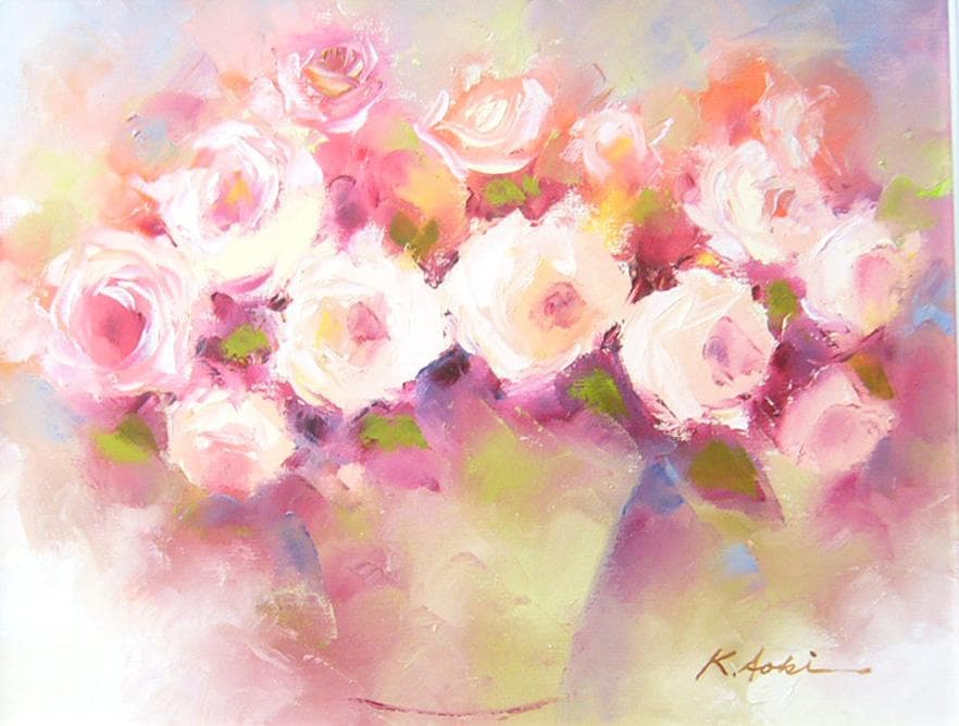 絵画 油絵 青木今陽 静物画 白とピンクの薔薇