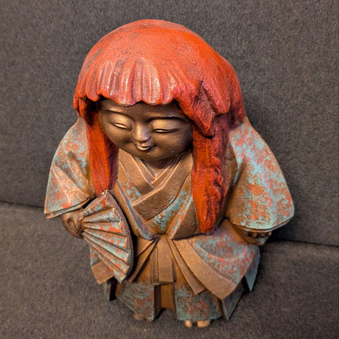 和装 童子像 扇子持ち 金属製 置物 鋳造刻印あり ブロンズ調 古美術風