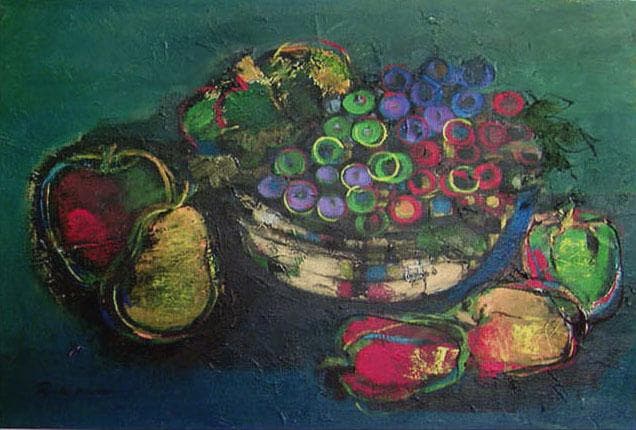 油絵 菅家令子 絵 絵画インテリア額付(青緑＋金色の枠)uF6-061304果物