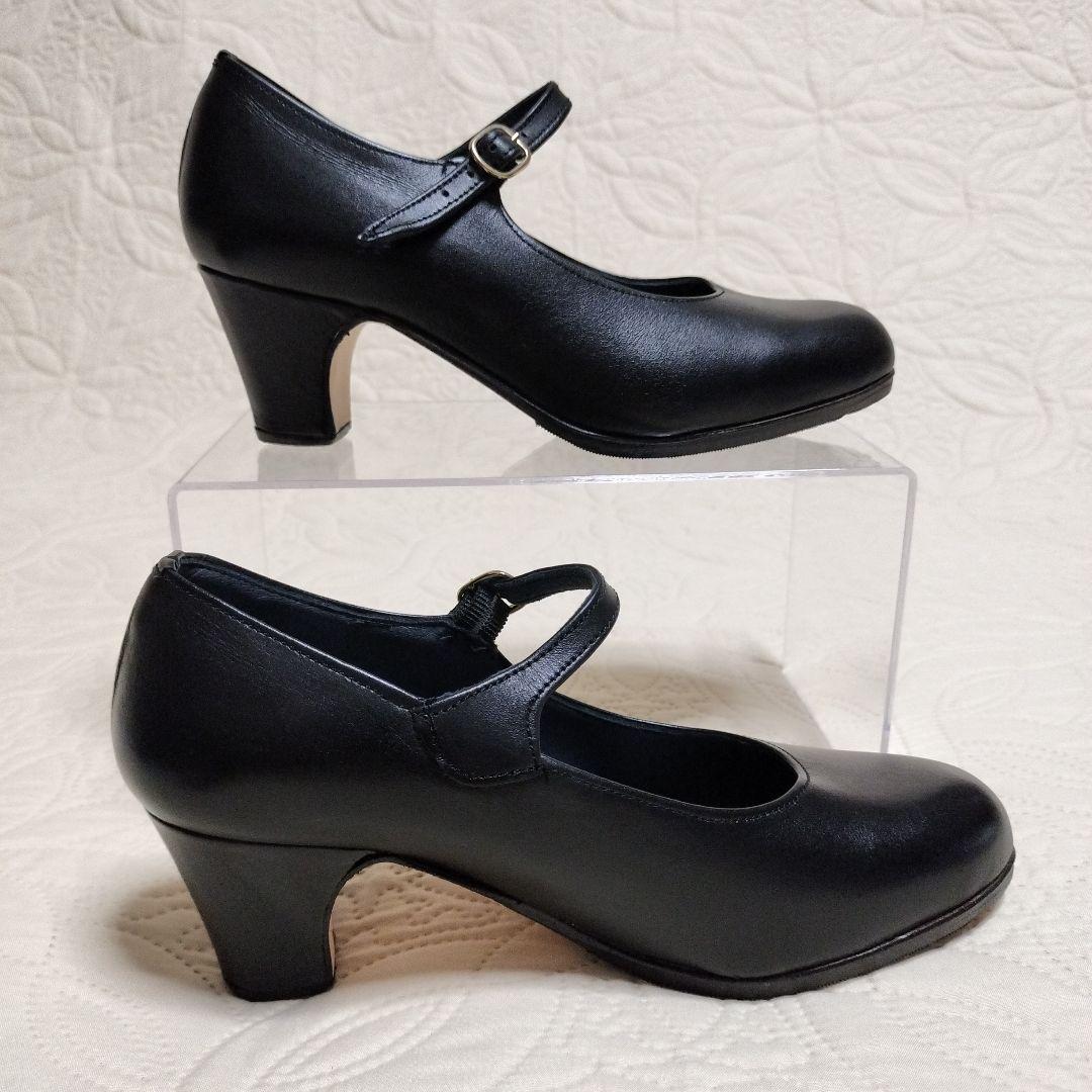 【新品未使用】 ブラック フラメンコシューズ ストラップ付き 本革