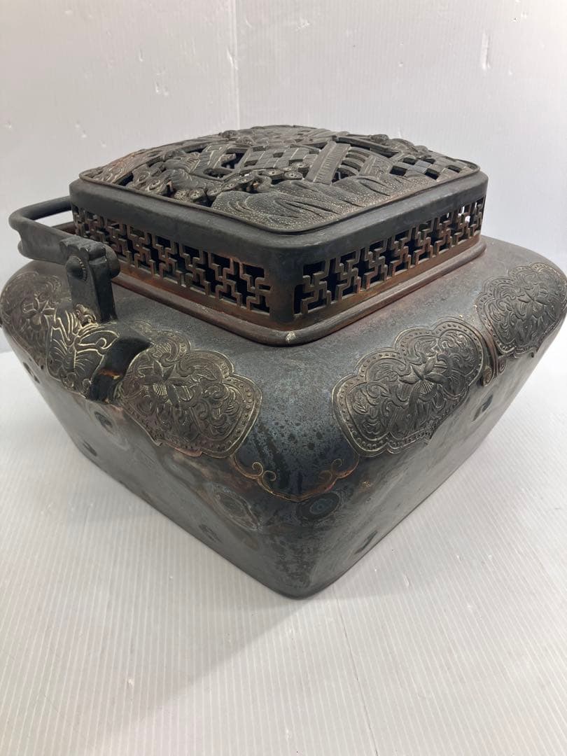 【5.8kg重厚】大明宣徳年製刻印 大型 銅製手炉 浮彫 透かし蓋 香炉 骨董品