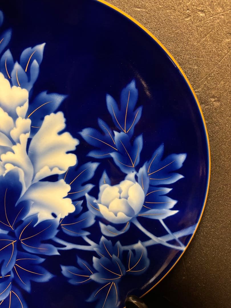 大人気　37.5cm 木箱付き　深川製磁 瑠璃牡丹　大皿 プレート 飾皿　希少