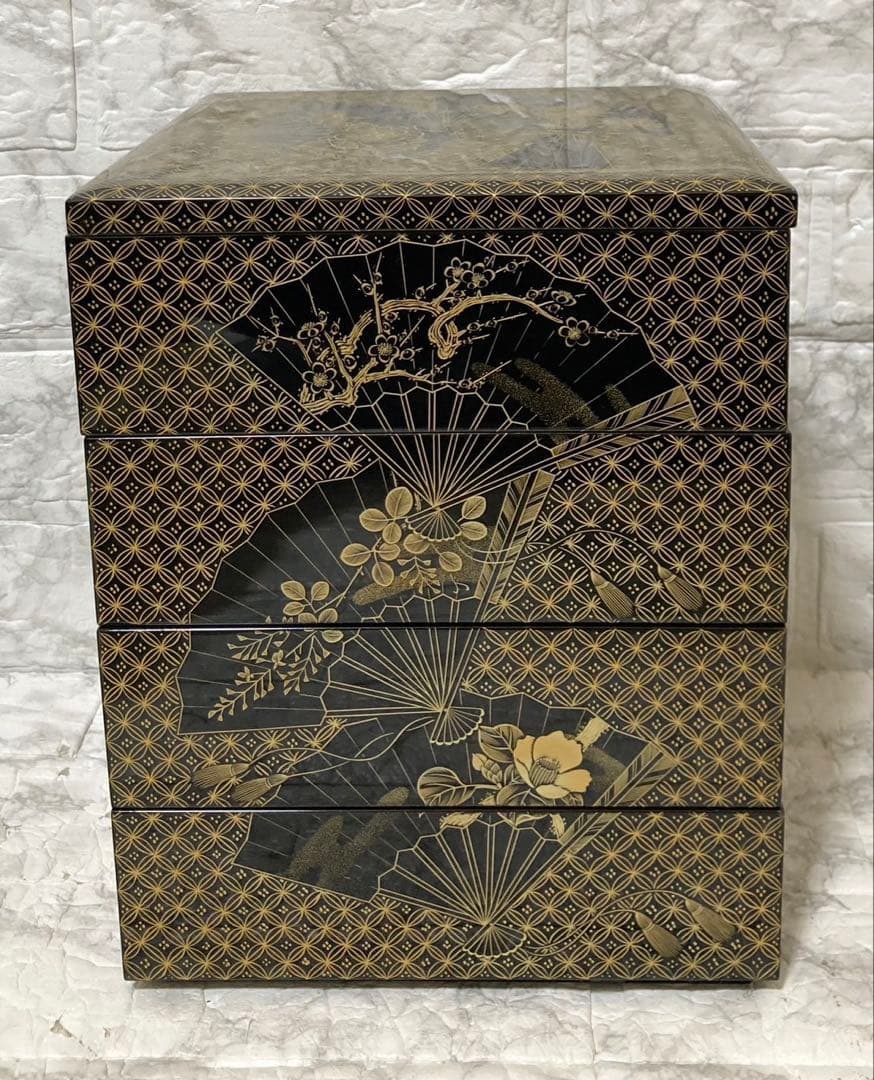 【未使用】輪島屋造 沈金師 水尻清甫 刻「輪島塗 四段重 台付」 共箱