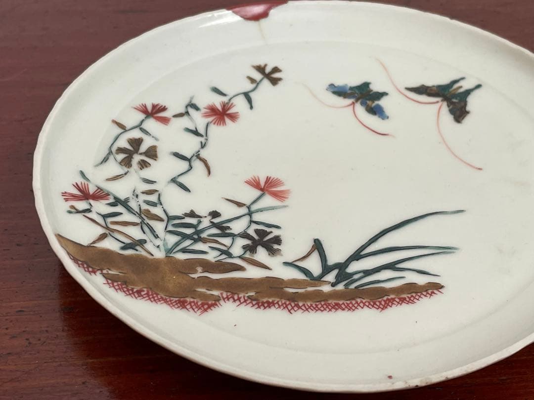 #2 骨董　アンティーク　色絵古九谷　撫子蝶々図　丸皿　五寸皿　角福　古九谷