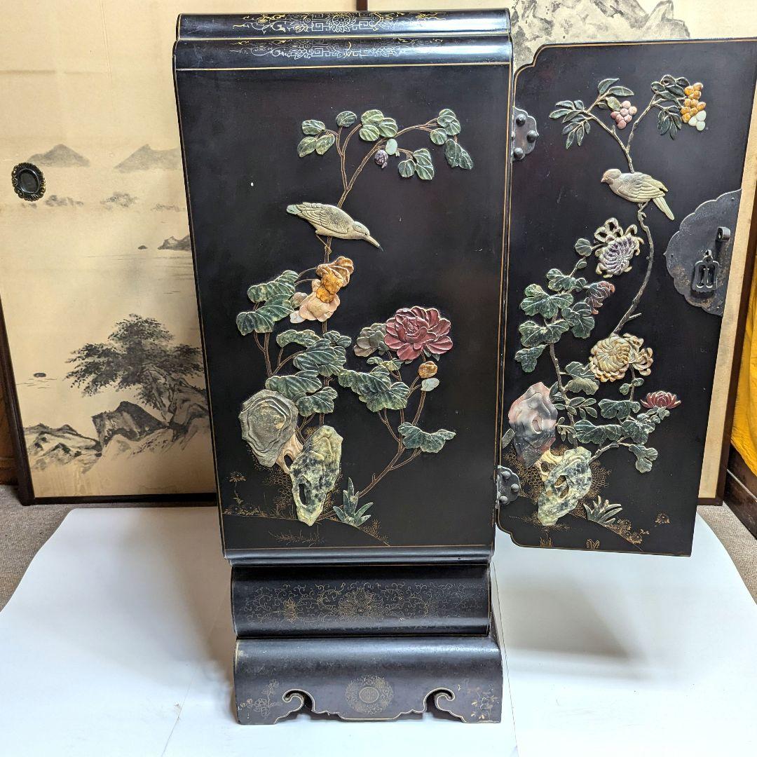 美術品 中国玉石木製 箪笥 花鳥模様 骨董品　アンティーク　レトロ