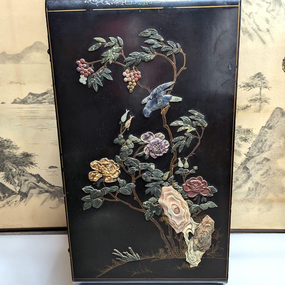美術品 中国玉石木製 箪笥 花鳥模様 骨董品　アンティーク　レトロ