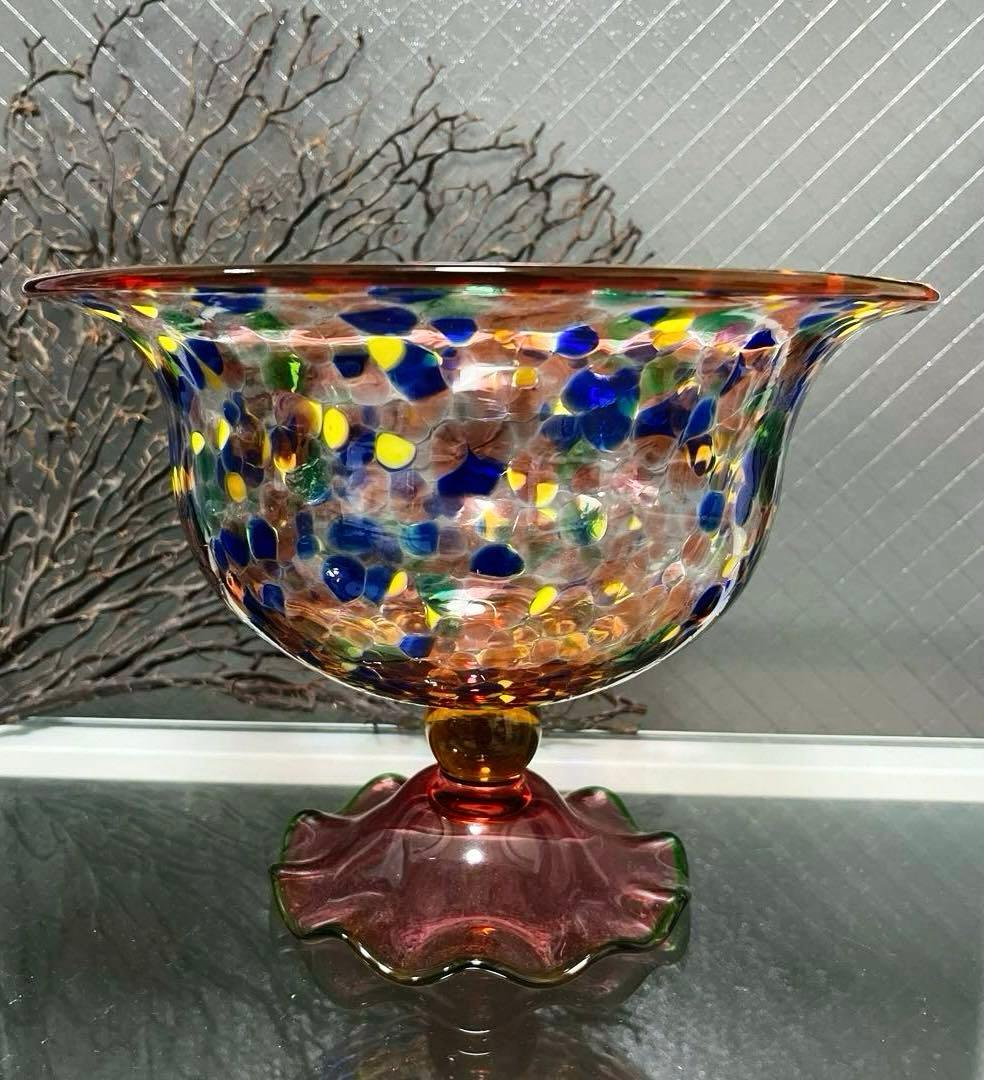骨董　時代ガラス　希少　金赤吹雪紋　フリル 脚付　大型　コンポート　盃洗