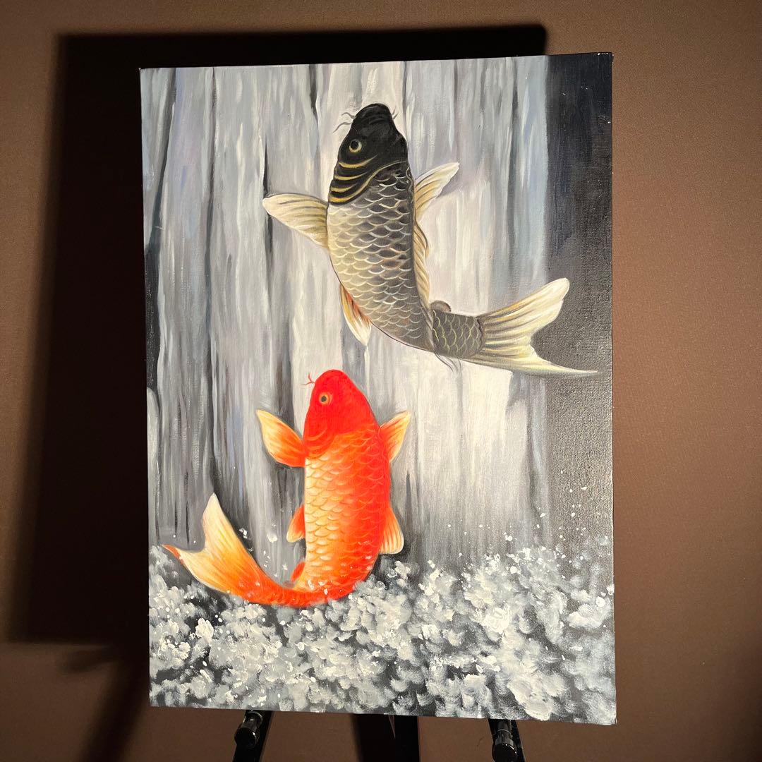 （大型）手書き油絵 鯉の滝登り 肉筆絵画 インテリア 油彩画