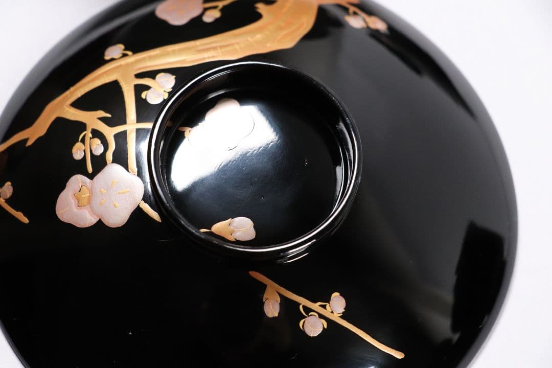 木製漆器 梅蒔絵 黒塗 椀 五客 漆芸 茶懐石 会席道具【MA287】