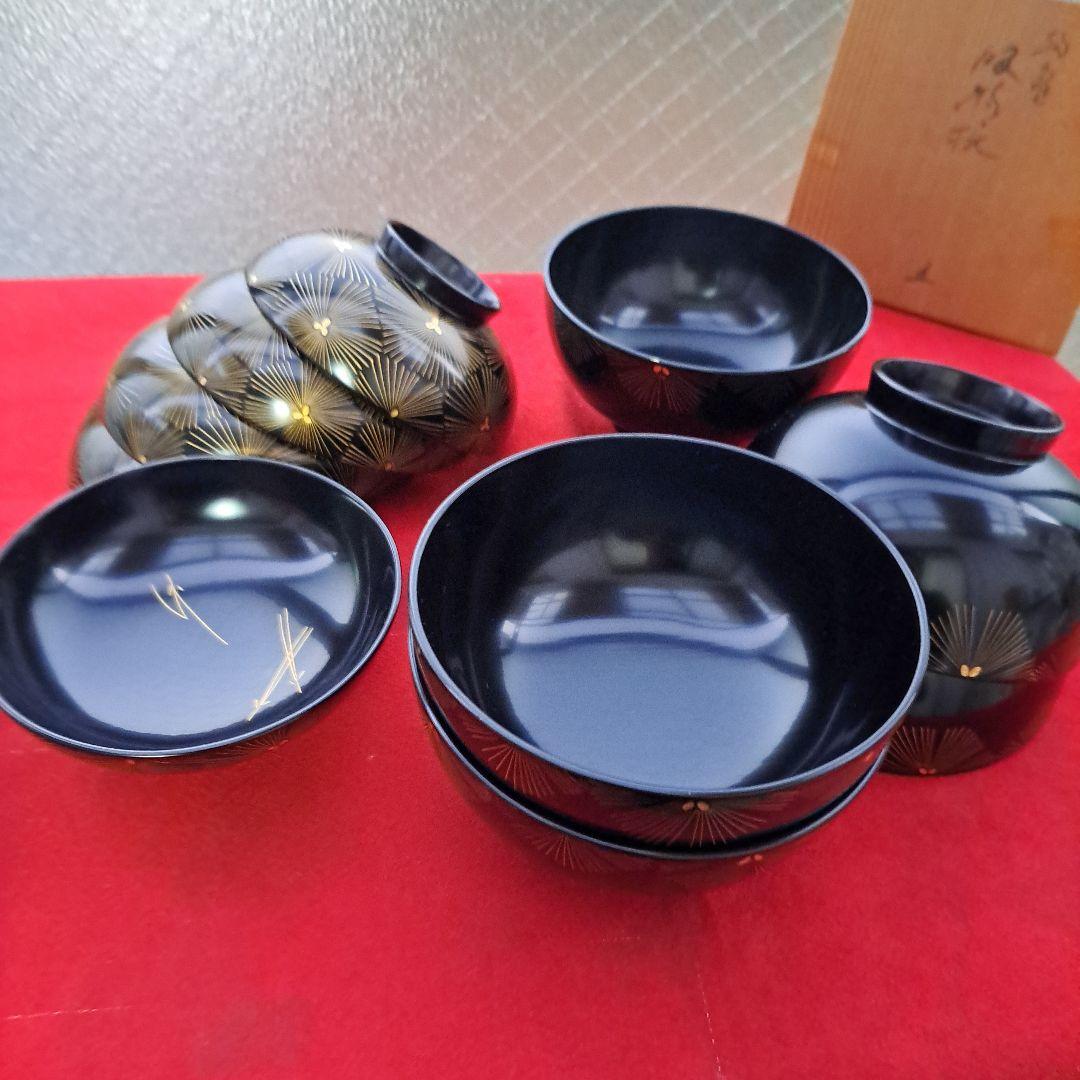 【輪島塗　御吸物椀×5客】布着本堅地　亀甲松\"沈金　長期保管品