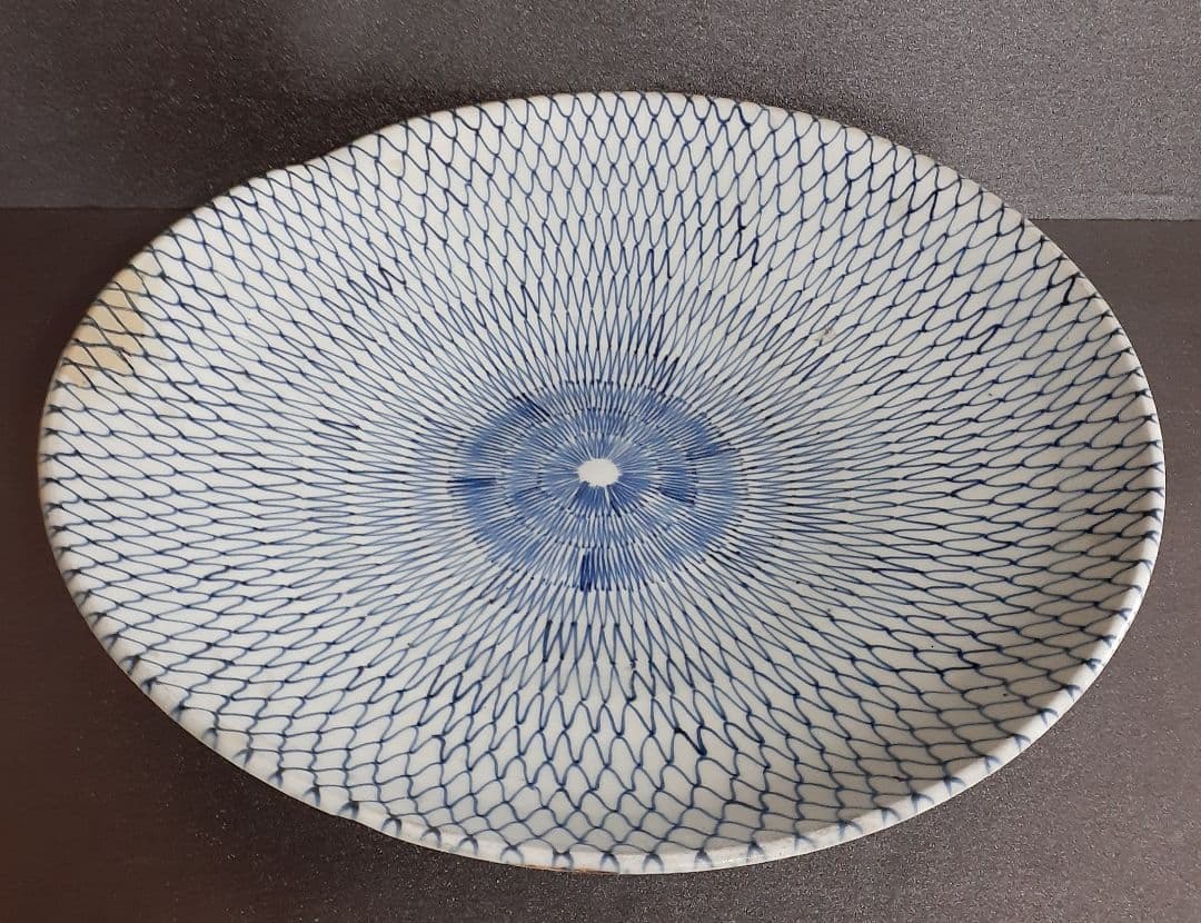 【大名品】江戸時代中期～後期　古伊万里　染付　網手文様　径40.6cm　大皿
