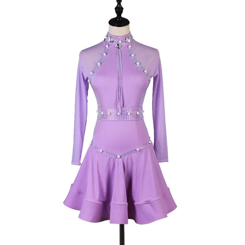 青い長袖ビジュー付きダンスドレス