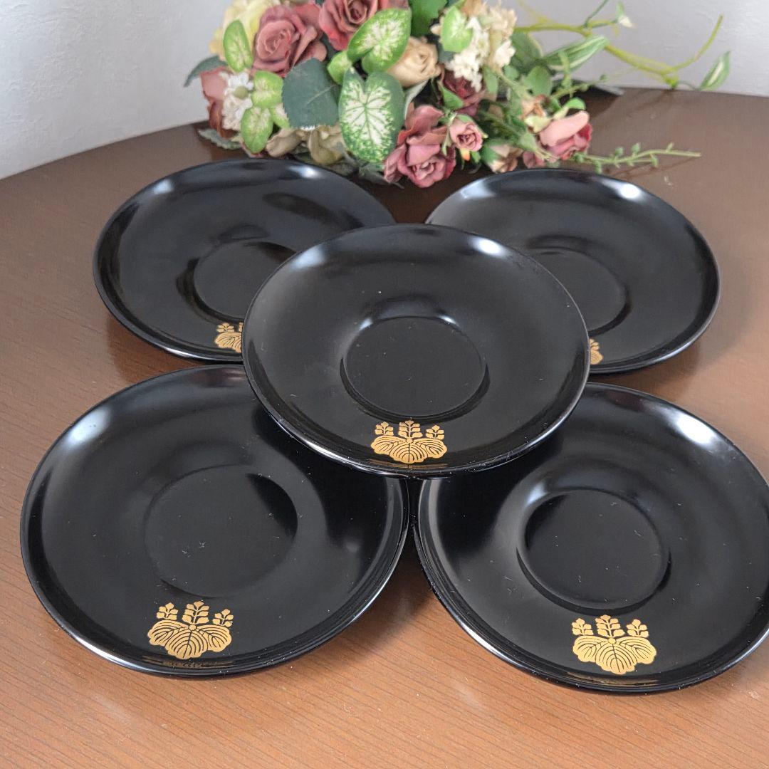 ☆家紋五三桐 輪島塗り 蓋付き椀と銘々皿と茶托の各5個セット☆