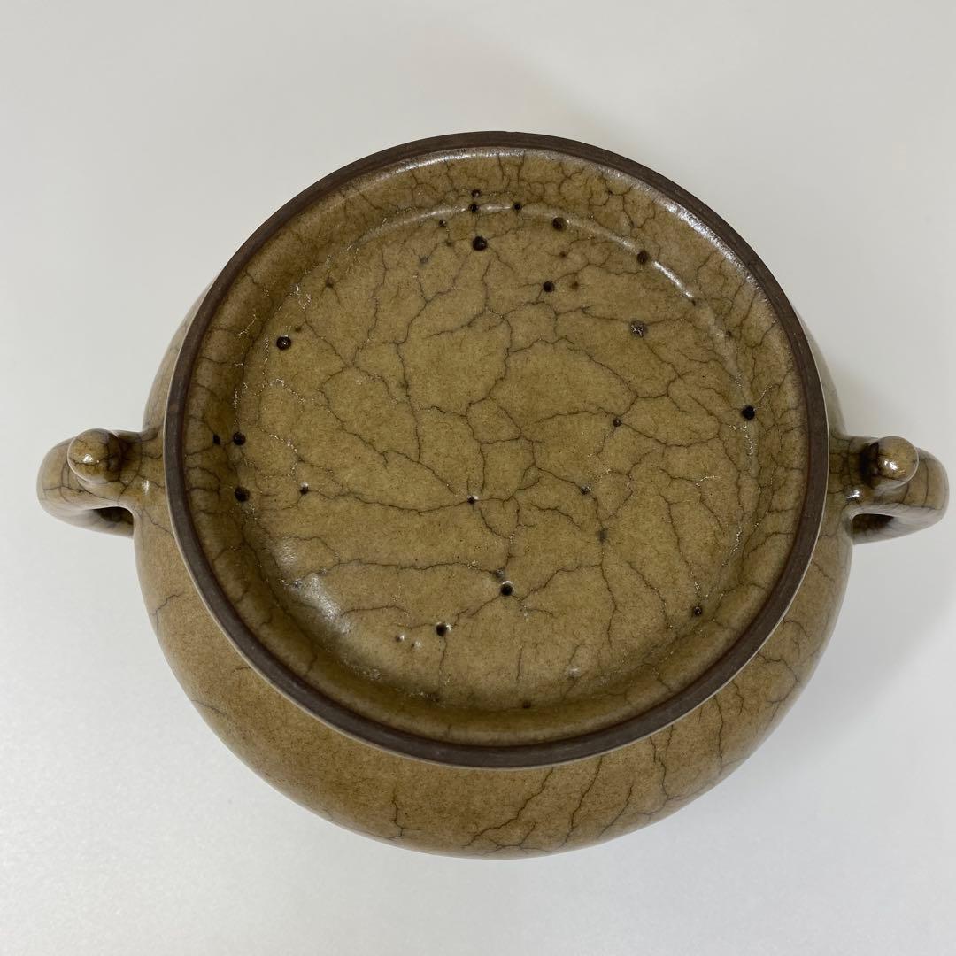 中国古窯　哥窯双耳香炉　高さ10.2㎝　トヒチル　東さ7-0728①