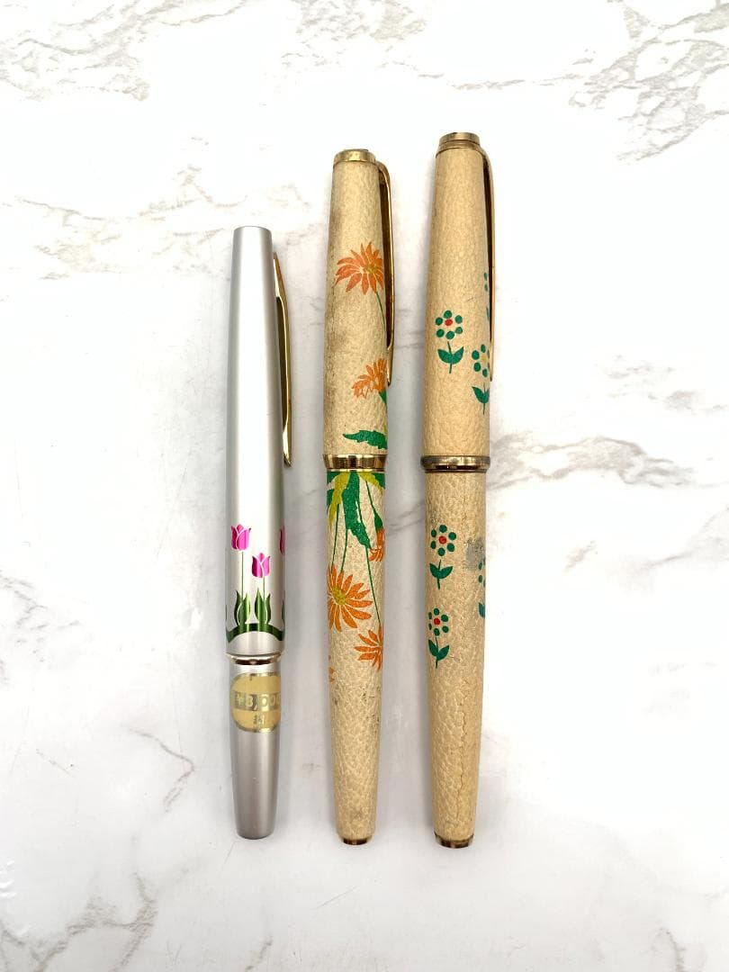【３本まとめ】18K　花柄万年筆　昭和レトロ　ペン先無し