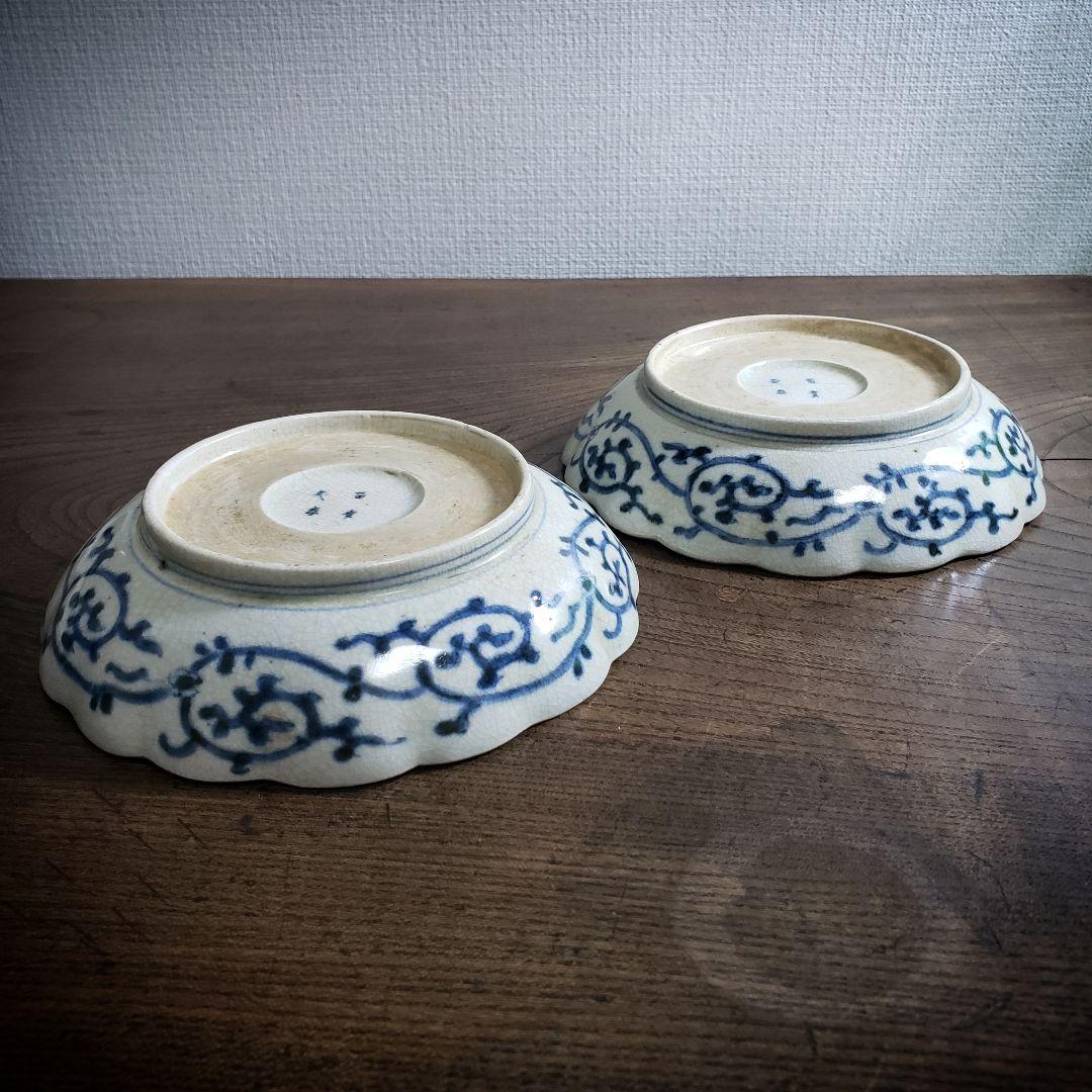 なます皿　染付　微塵唐草　富貴長春　古伊万里　　二枚　貫入　江戸　松竹梅　イ号