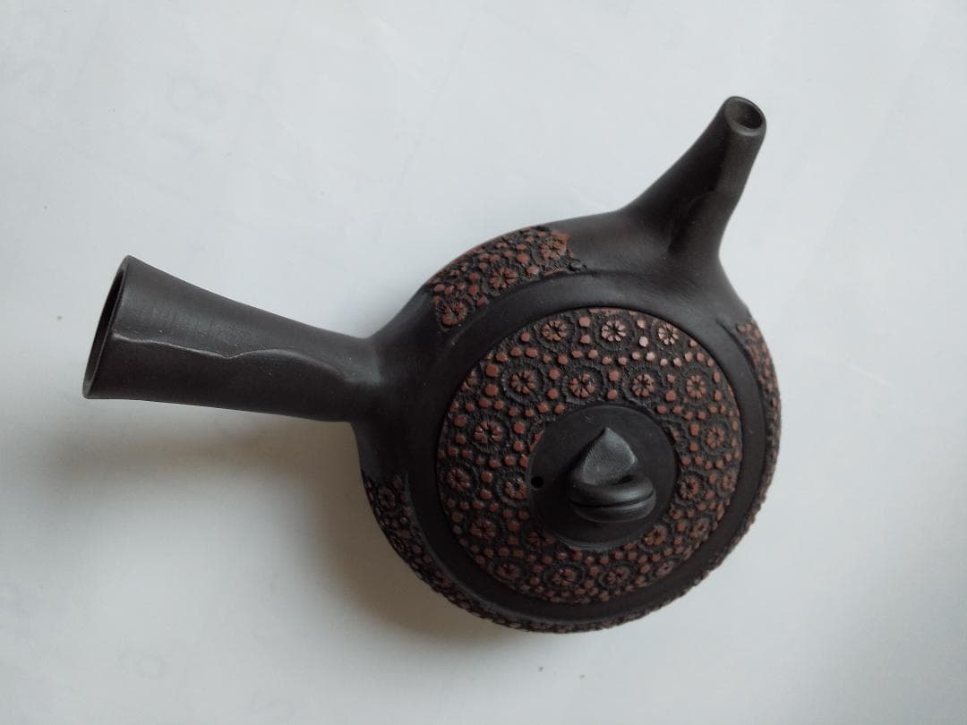 更紗常滑焼 稲葉石水 造 黒泥茶注 黒泥丸型急須 土瓶 共箱 共布 栞新品