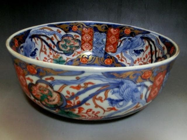 鉢■古伊万里 みごとな大鉢(江戸後期～明治期) 鳳凰紋 窓絵花唐草赤絵 骨董品■