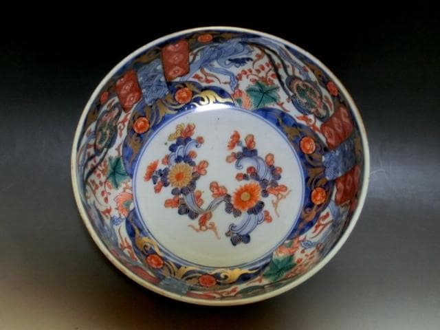 鉢■古伊万里 みごとな大鉢(江戸後期～明治期) 鳳凰紋 窓絵花唐草赤絵 骨董品■
