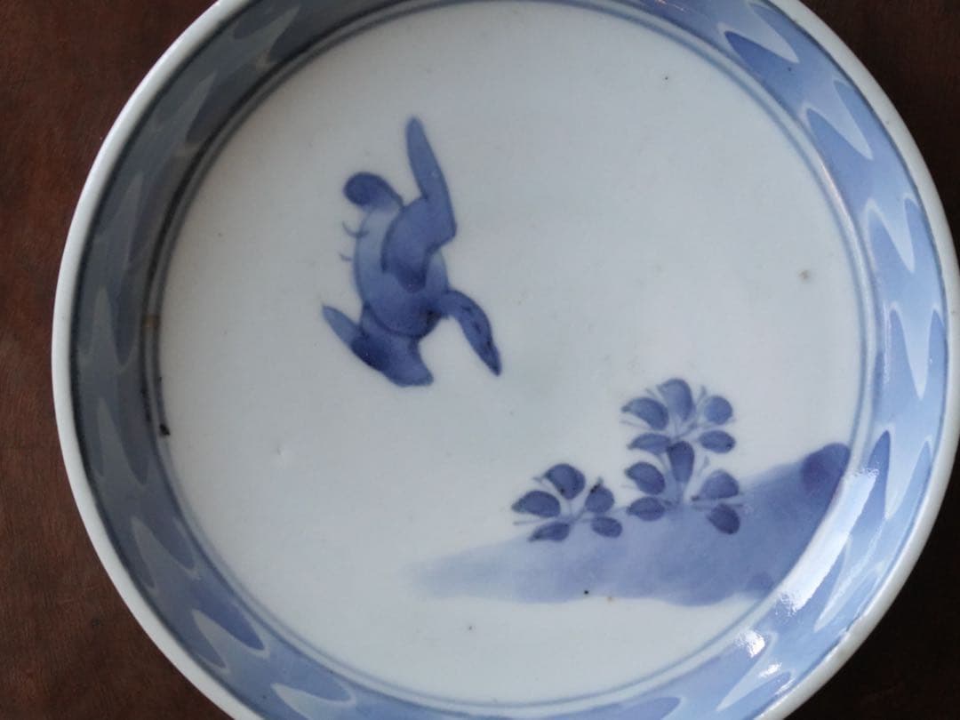 江戸時代　前期　古伊万里　藍九谷　染付　墨弾き縁　花鳥文　皿　小皿　飾皿　食器