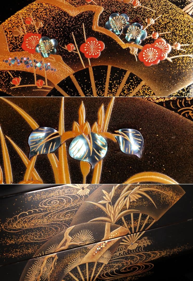 M667/輪島塗 桐鳳凰草花扇面金蒔絵 銀象嵌 螺鈿細工 黒塗内朱塗五段重 重台