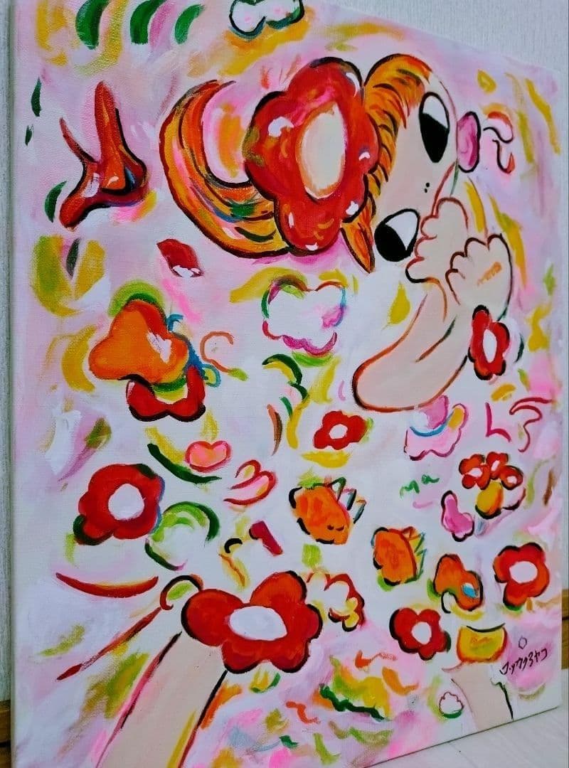 【F6号】ロッカクアヤコ　肉筆保証/表裏サイン/アクリル/油彩/絵画/額装/額縁