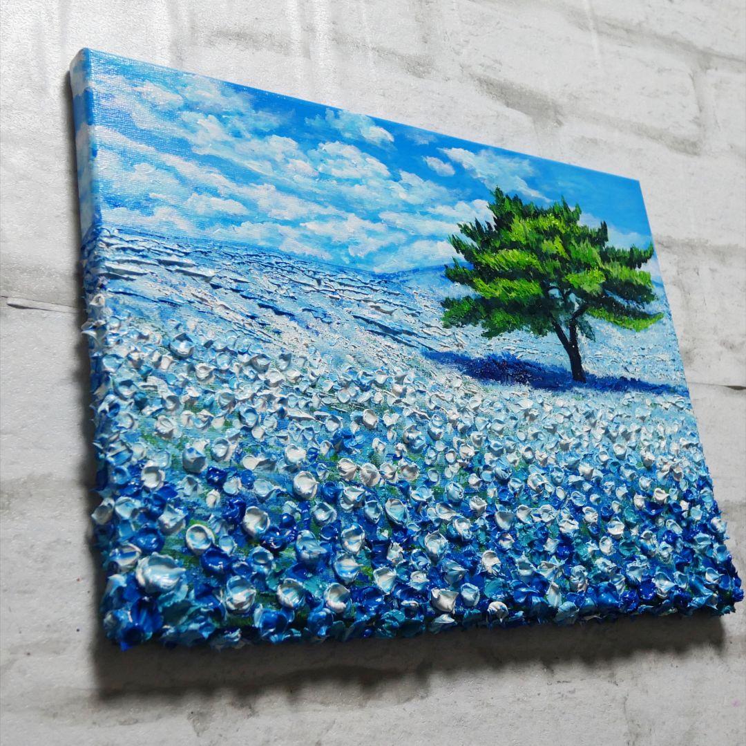 油絵 油彩 油彩画 絵 絵画 【青空のネモフィラの丘】F4号