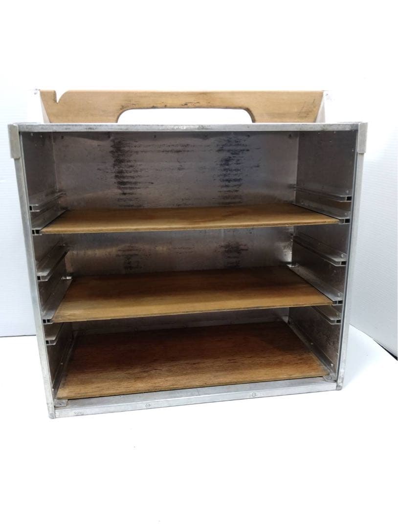 G2171【昭和レトロ】出前用 アルミ製 おかもち (木製棚/持ち手付き)