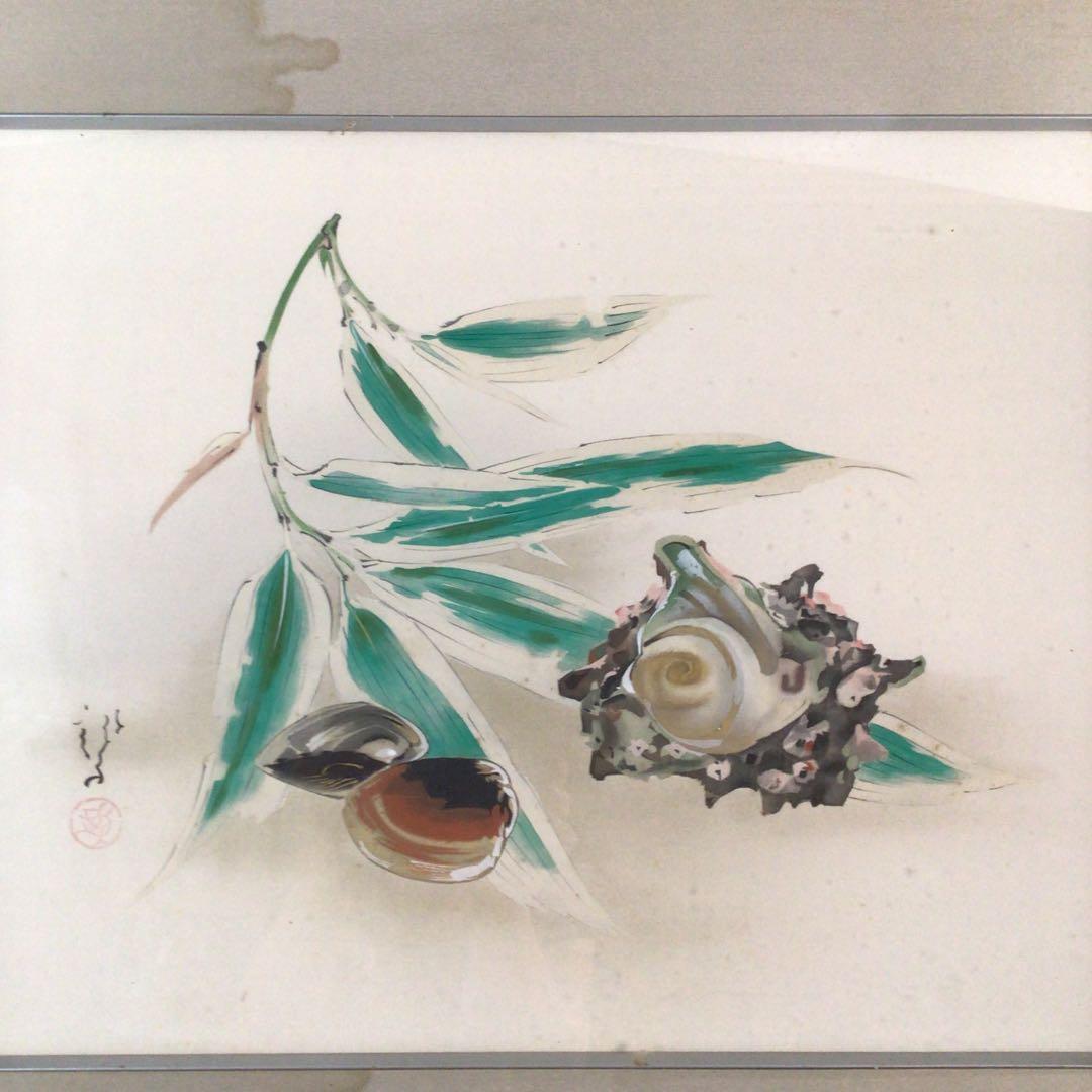 No3711額装　川端龍子　熊笹に貝図　絹本　在銘　落款　日本画　絵画　送料無料