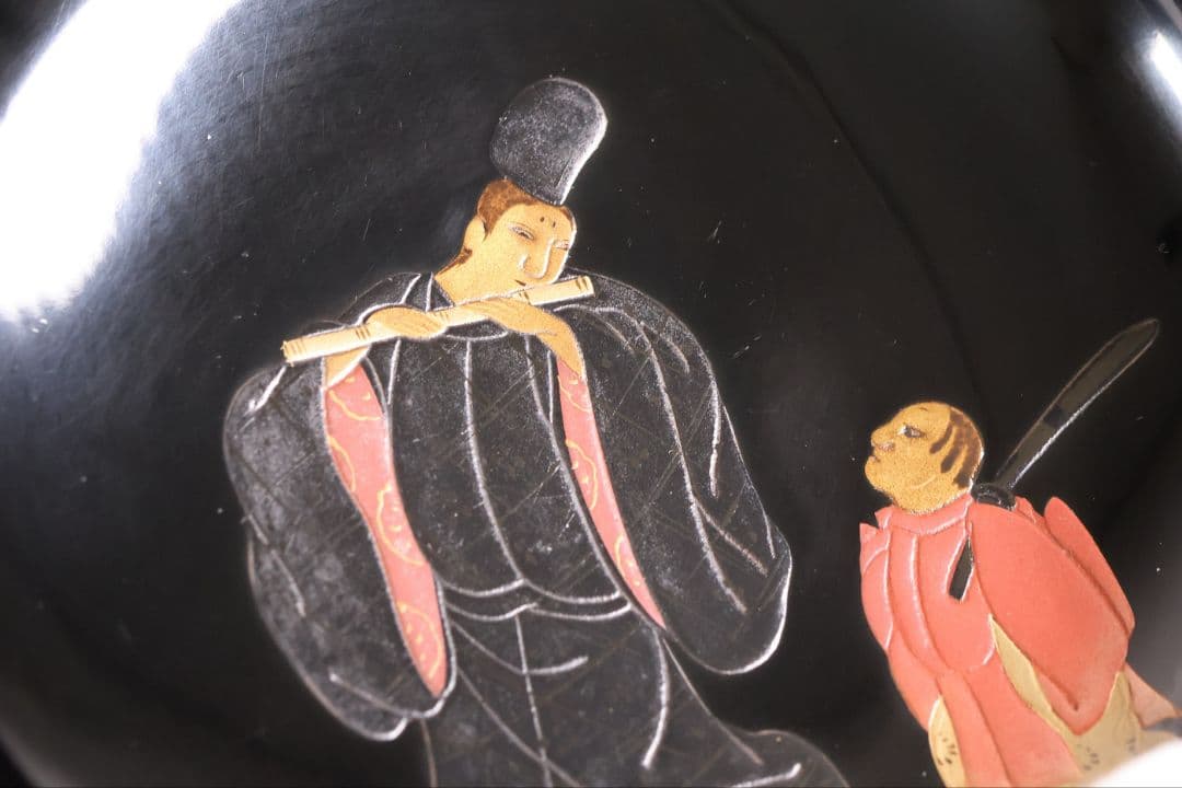 【MB195】輪島塗 天然木漆塗 黒塗椀 二客 蒔絵 大和絵 源氏絵 人物 昭和