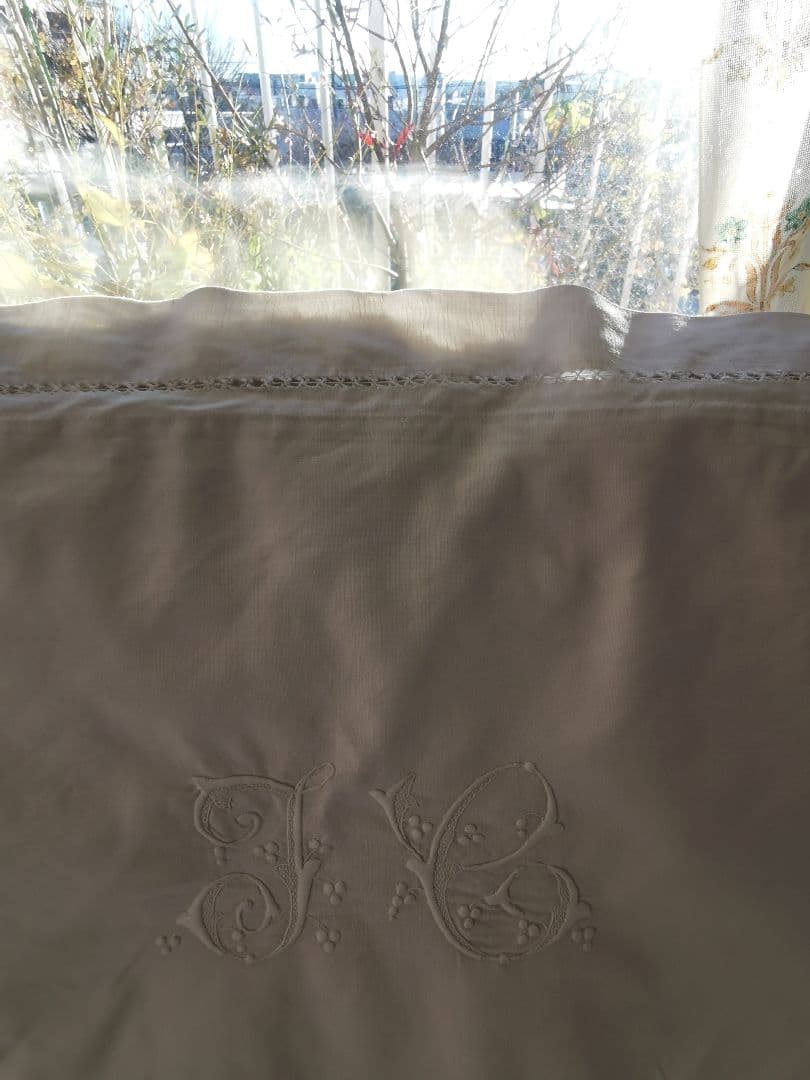 アンティークフランス イニシャル花刺繍 ドローンワーク ラージクッションカバー