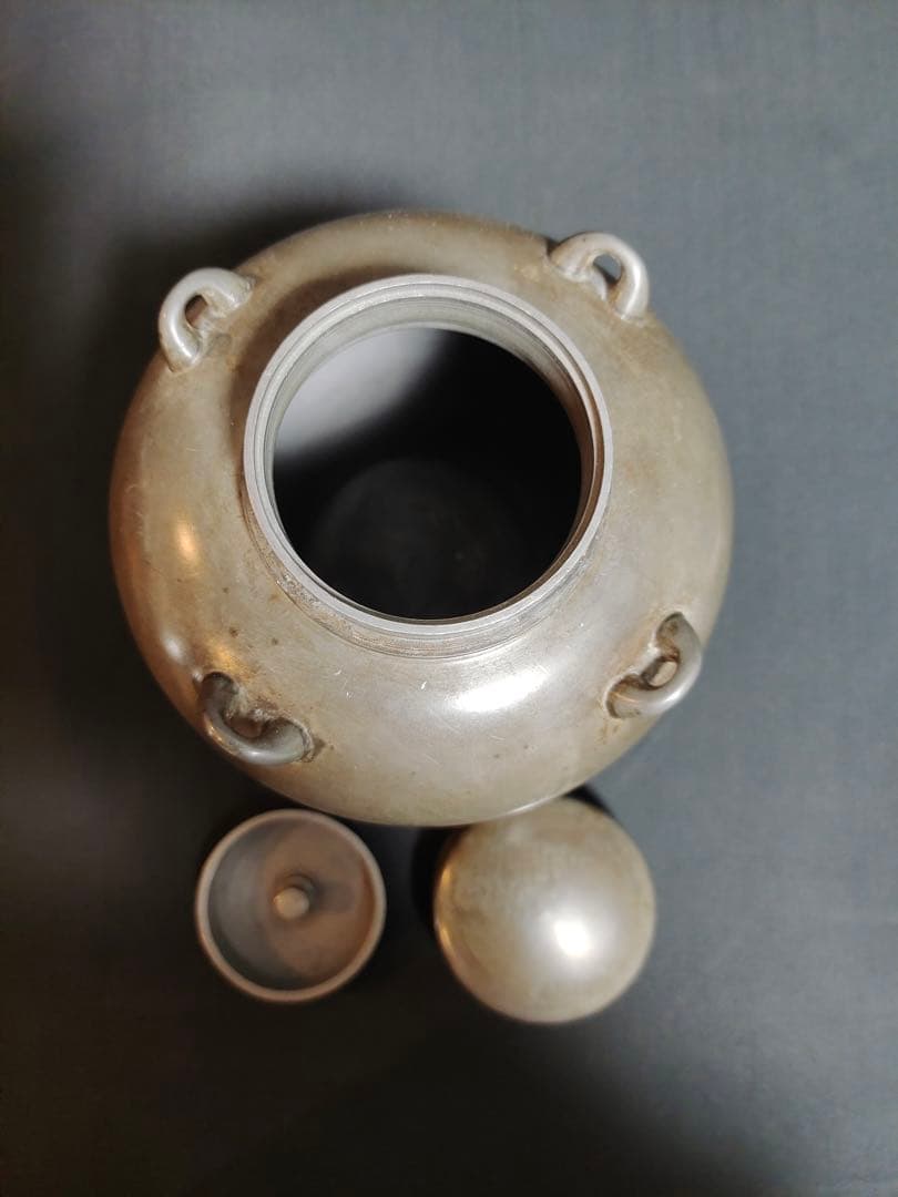 古錫 茶葉罐 藏六居造 「錫製無紋四系耳茶心壺」 茶筒 茶入 茶壷 茶道具 純錫