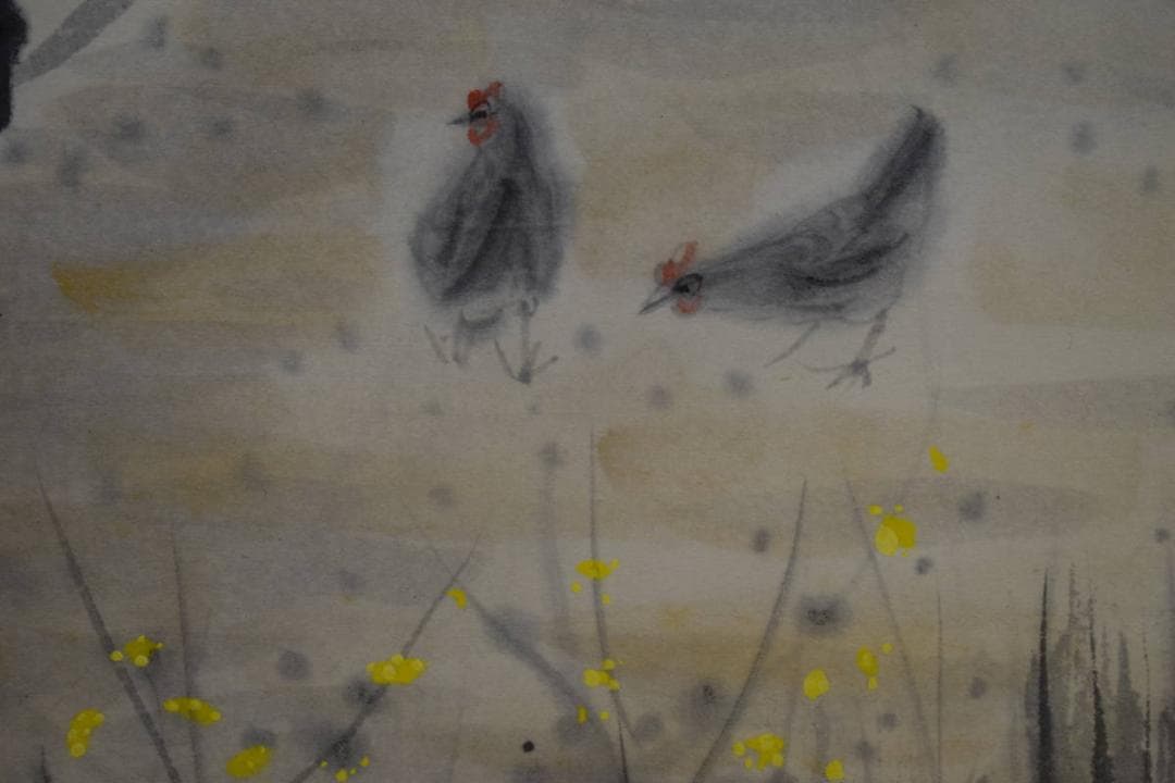 真作/日本橋三越で初の個展/田中案山子/双鶏梅図/布袋屋掛軸HG-760