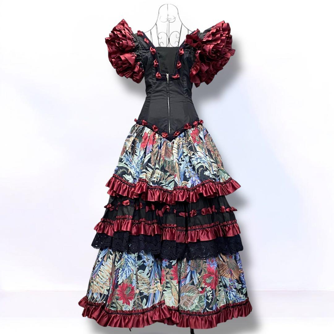 【スペイン製】高級 フラメンコ 衣装 ドレス ワンピース フリル リボン 黒 赤