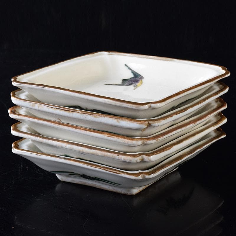 九谷焼　色絵　鳥草文　菱形中皿　五客　時代箱付　M　R8296