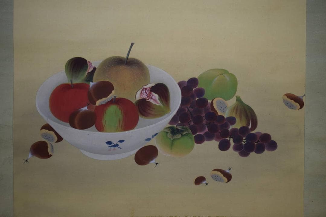 真作/春羊/果物図/絹表装/横物/布袋屋掛軸HH-688