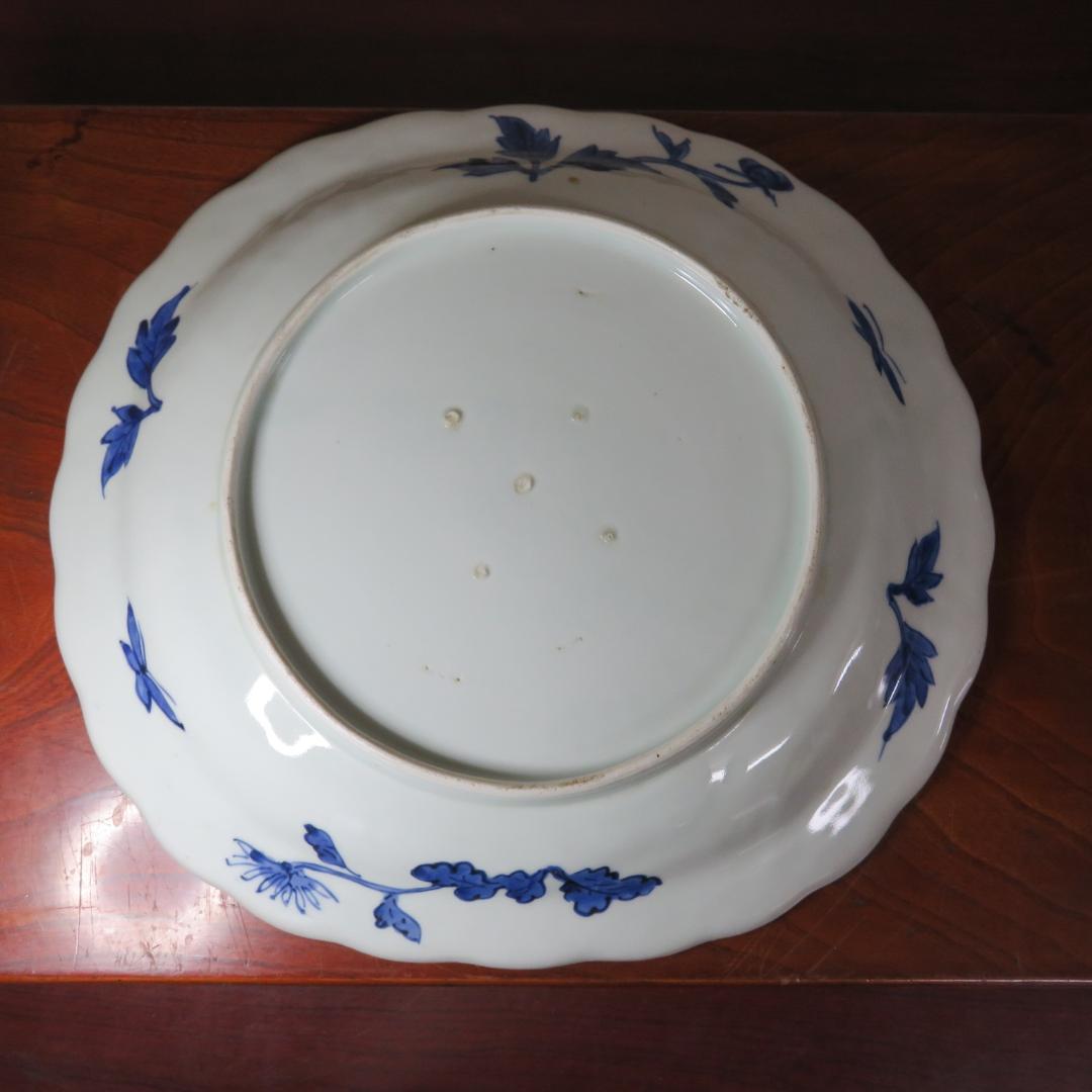 古伊万里 大皿 欠け 変形皿 山水 菊 牡丹 波文 染付