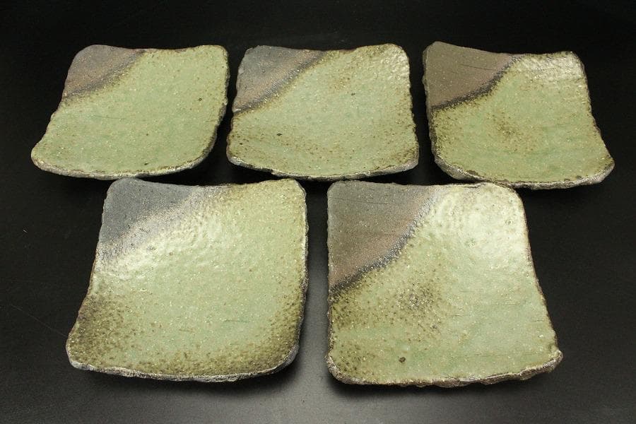 灰釉焼締 角皿 五枚 和食器 荒木義隆 木箱付 美品(メ1381)