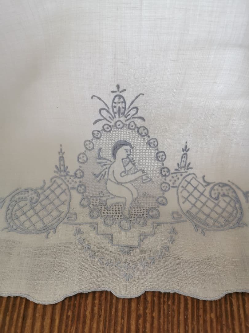 アンティーク アペンツェル刺繍レース 笛を吹く天使 ブルーニードルワーク クロス