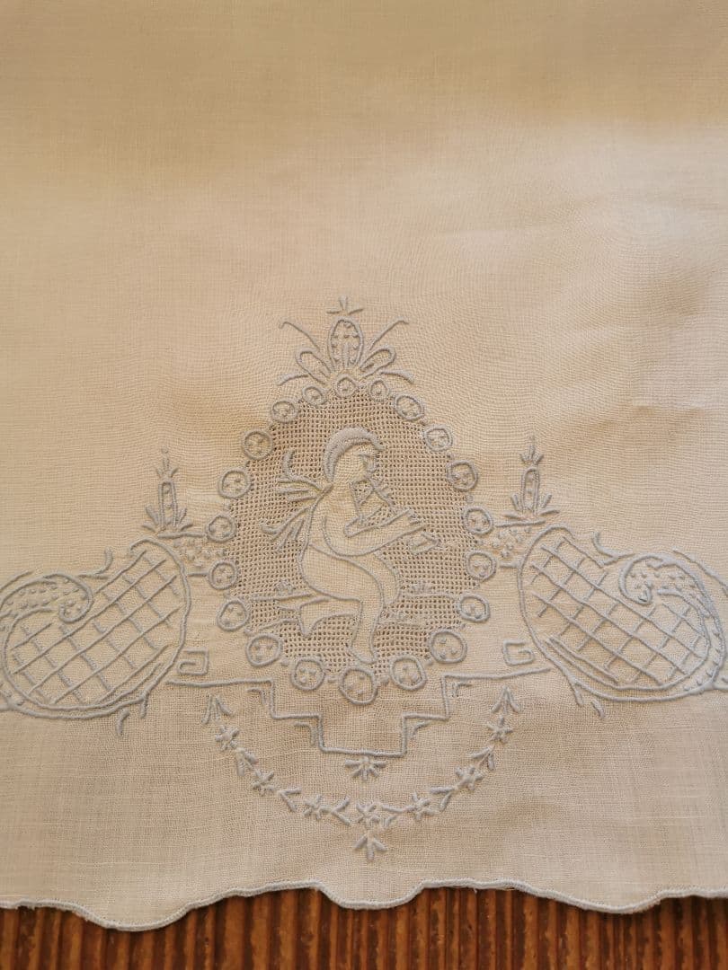 アンティーク アペンツェル刺繍レース 笛を吹く天使 ブルーニードルワーク クロス