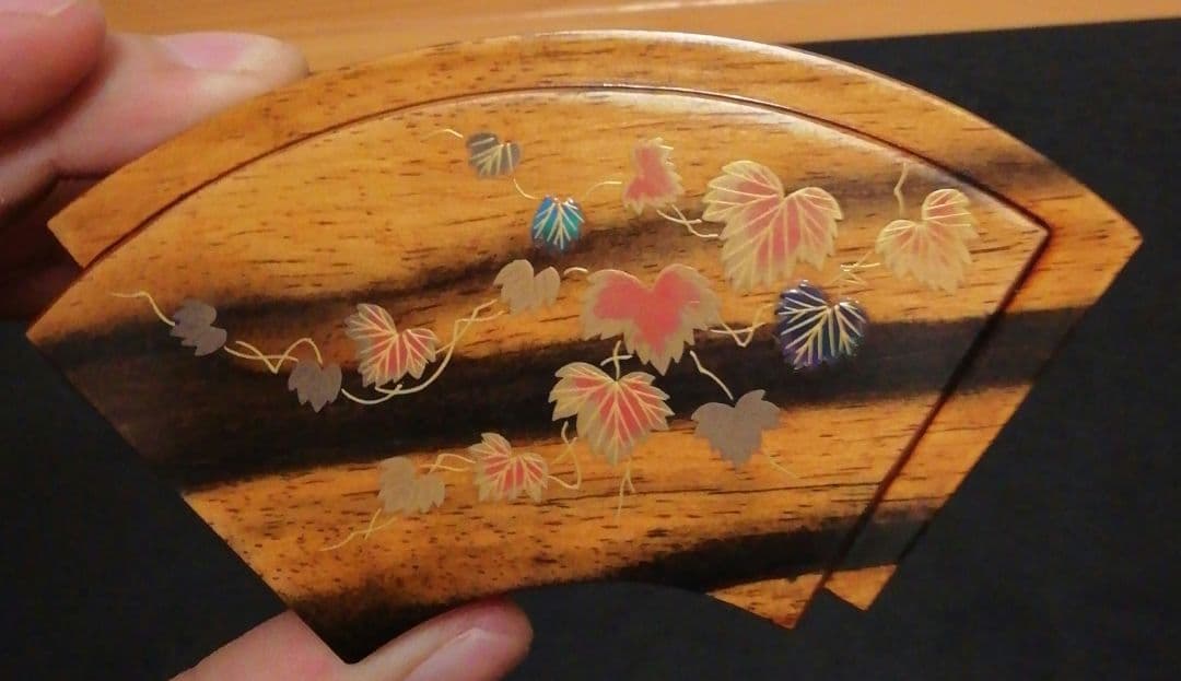 鈴木松栄三代　加州漆芸　黒柿　蔦蒔絵　扇面　香合　共布　栞付　茶道具