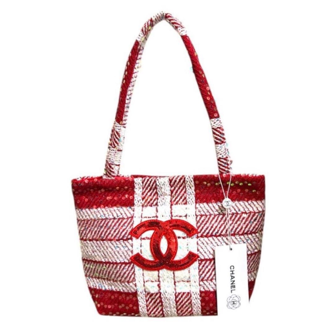 CHANEL ノベルティ トートバッグ 赤 ツイード スパンコール