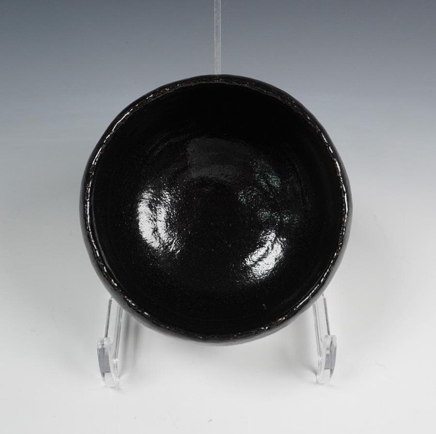 清水焼 清楽 若松の絵 黒楽茶碗 銘「千年翠」若松絵 黒茶碗 書付箱 共箱