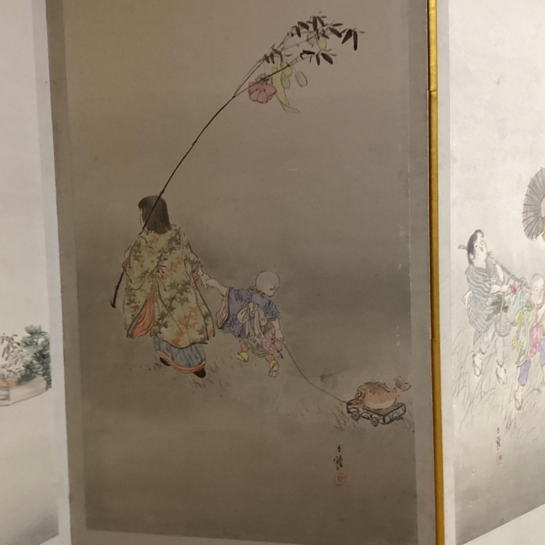 O-34日本の伝統的な屏風 子供遊びの図①六曲一双　パテーション水屋屏風としても