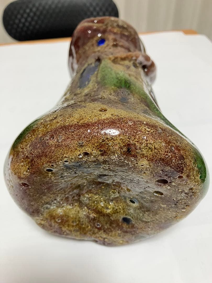 沖縄　琉球ガラス　【故】稲嶺盛吉作　花瓶　宙吹ガラス工房虹　現代の名工