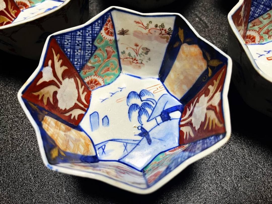 古伊万里　色絵　金彩　八角鉢　中鉢　深皿　盛皿　５客