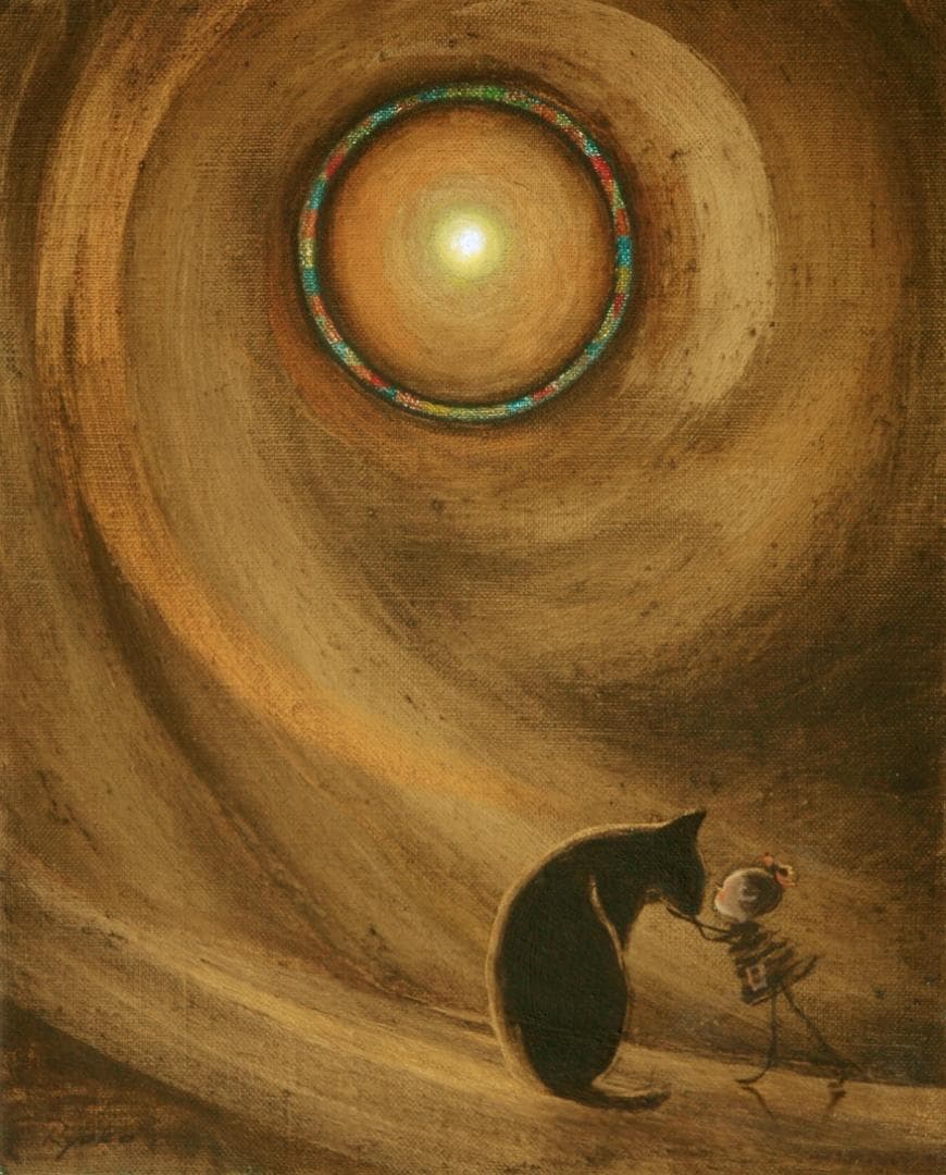 油絵菅家令子絵 絵画インテリア額付(青緑＋金色の枠)F3-072819子犬猫女子